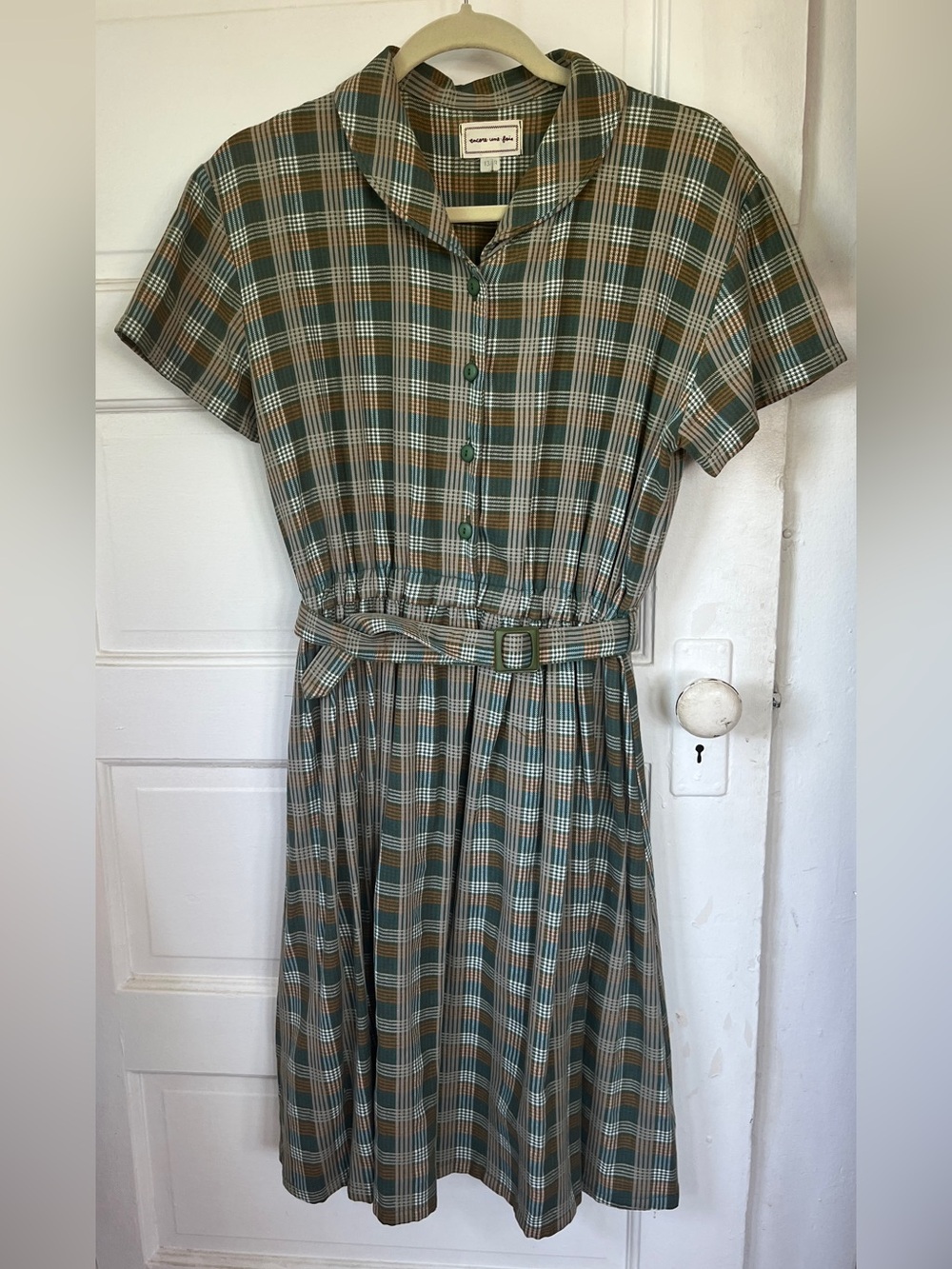 Vintage-Inspired Green Plaid Belted Shirt Dress size 6-8